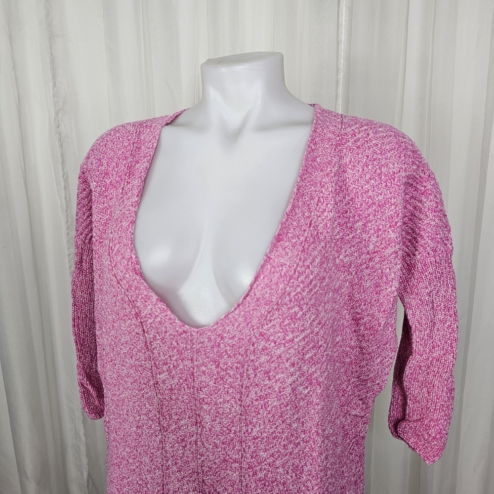 Express Pink White Knit London Sweater Dolman Batwing 3/4 Sleeve Deep-V Neck